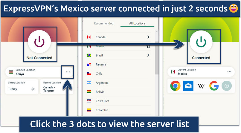 Screenshot showing how to navigate the server list and connect to one in ExpressVPN’s Windows app.