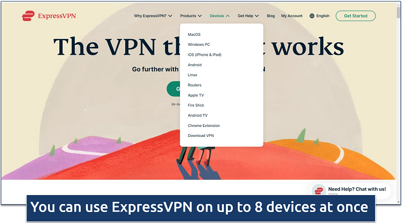 Screenshot of ExpressVPN’s website homepage with a list of supported devices