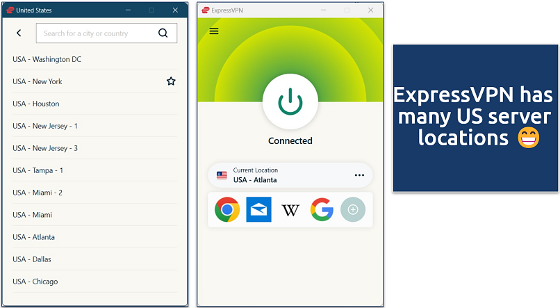 Screenshot of ExpressVPN’s Windows application connected to a server in Atlanta, US
