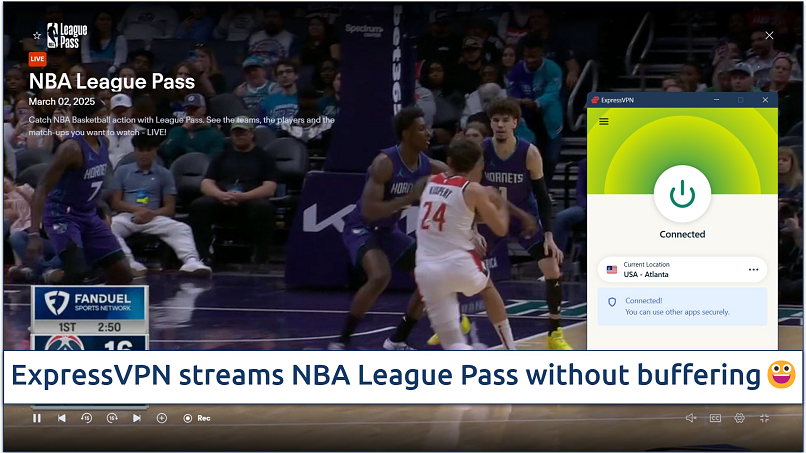 Screenshot of an NBA League Pass live stream with ExpressVPN connected to a US server