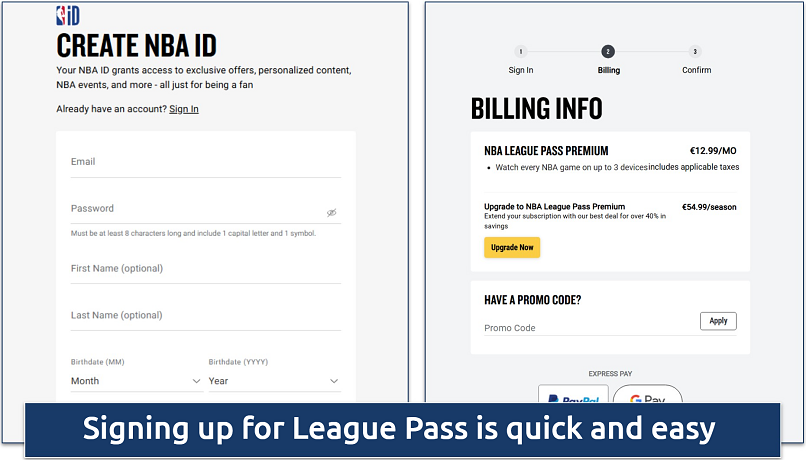Screenhsot of the NBA League Pass signup process