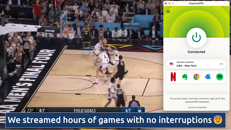 Screenshot showing the ExpressVPN app over an NCAA March Madness game streaming on a web browser