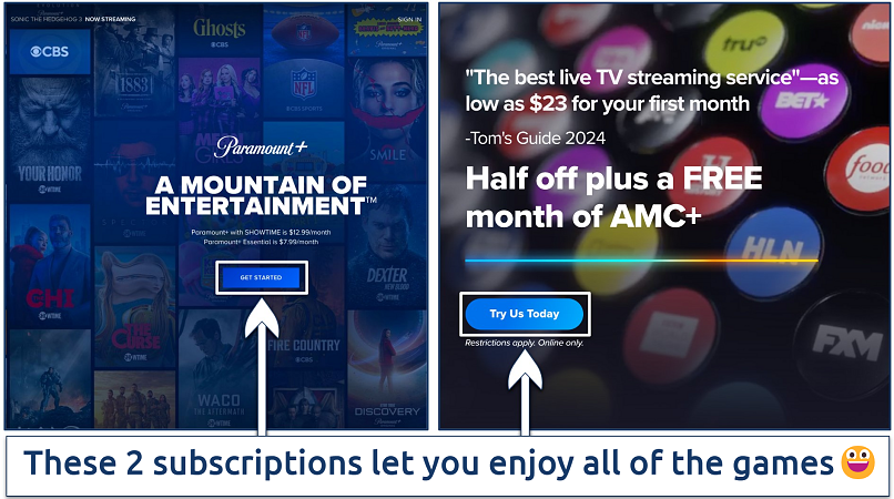 Screenshot showing the signup pages on Paramount+ and Sling TV