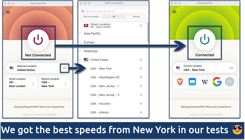 Screenshot showing how to connect to a US server on the ExpressVPN app