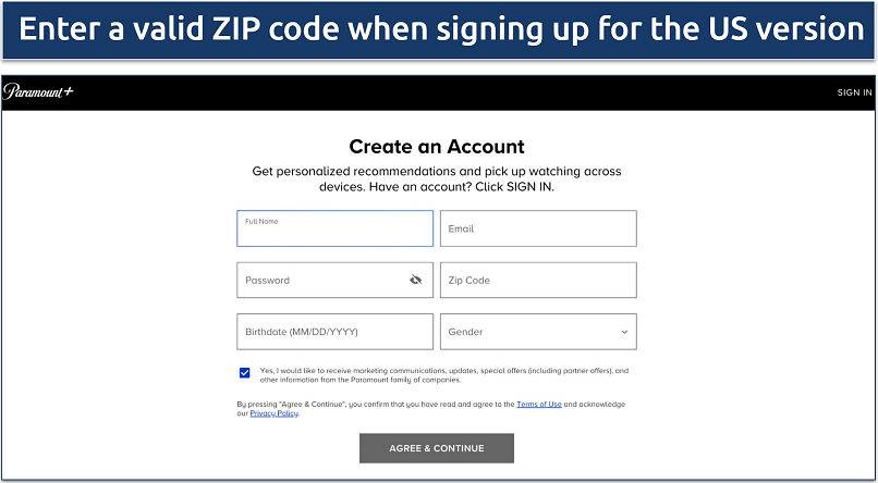 Screenshot of Paramount+ account creation page