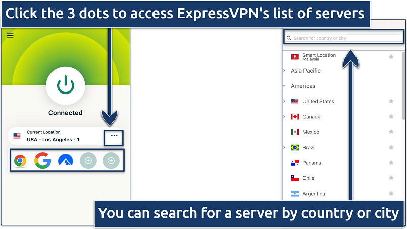 Screenshots showing how to access the server list and search for a server in ExpressVPN’s app