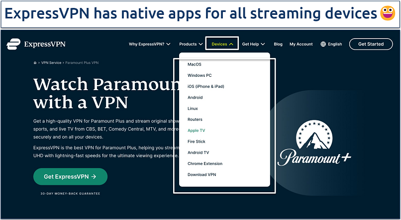Screenshot of ExpressVPN’s Paramount+ webpage with a dropdown menu of compatible devices