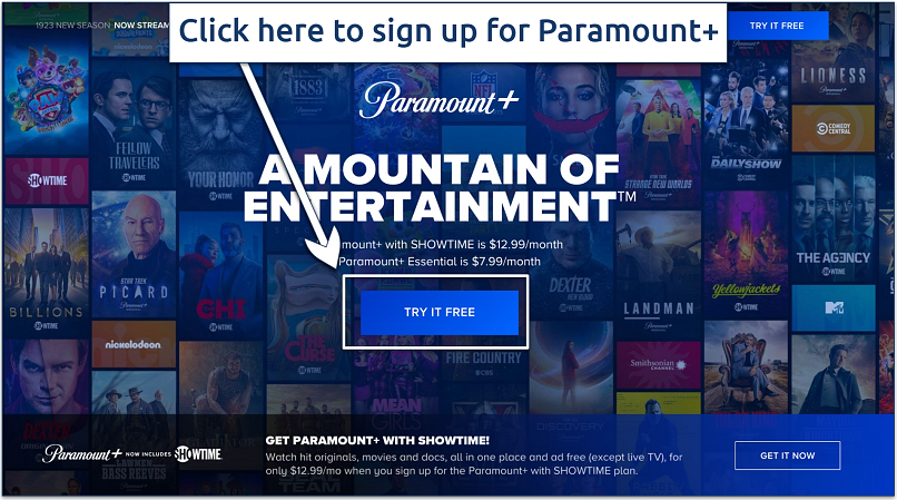 Screenshot of Paramount+ homepage