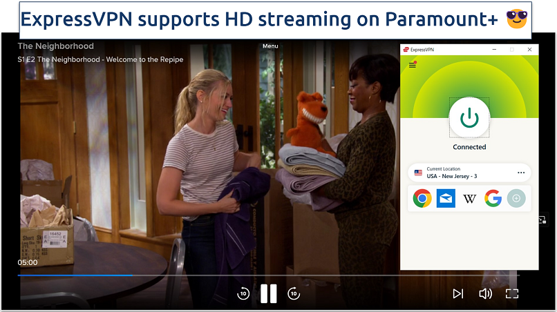 Screenshot of The Neighborhood stream with ExpressVPN connected to a US server