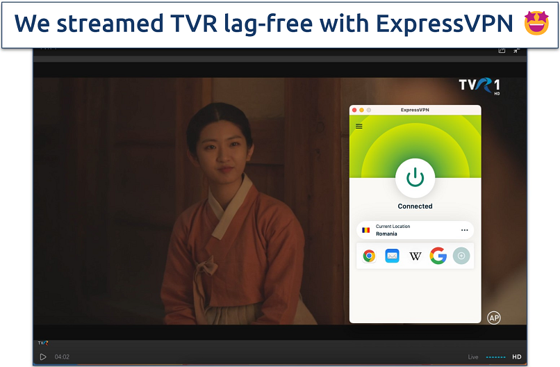 Screenshot of TVR streaming live with the ExpressVPN app in the background