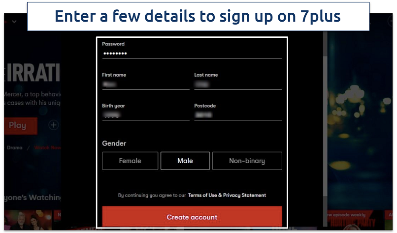 A screenshot showing the 7plus signup form