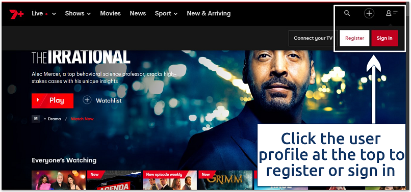 A screenshot showing the 7plus homepage