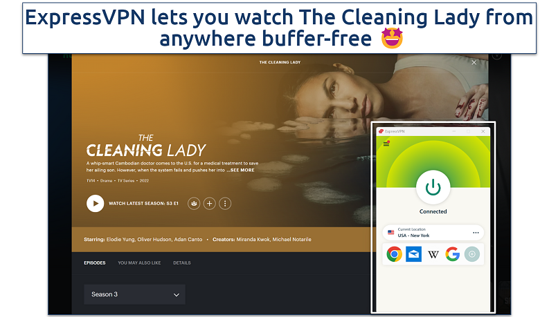 Screenshot of watching The Cleaning Lady with ExpressVPN connected