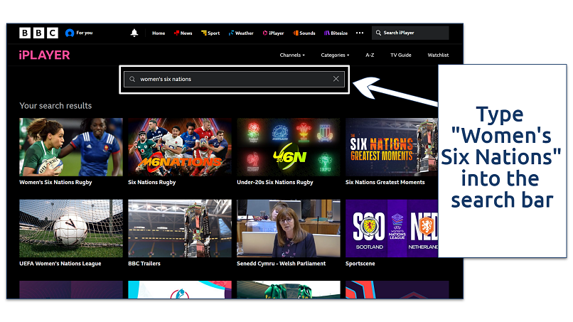 A screenshot showing BBC iPlayer’s search feature