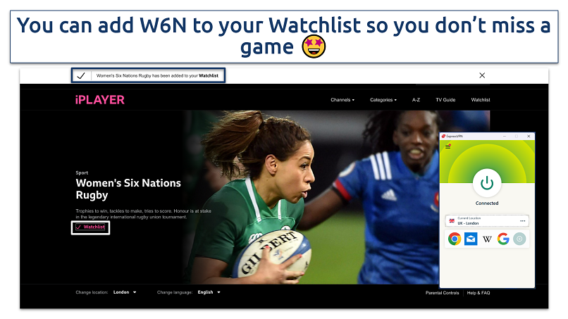 A screenshot showing Women’s Six Nations on BBC iPlayer with ExpressVPN connected