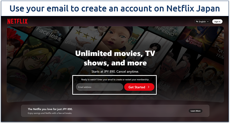 Screenshot of Netflix's get started page