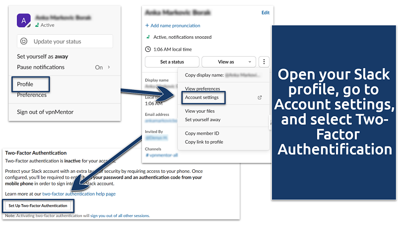 Screenshot showing steps to set up two-factor authentication in Slack