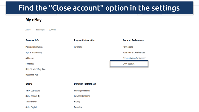 Screenshot of eBay’s account settings with