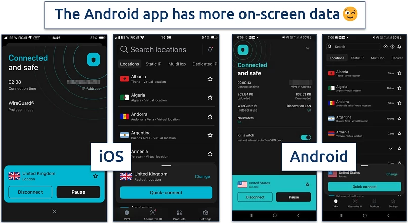 Screenshots of the iOS and Android Surfshark apps