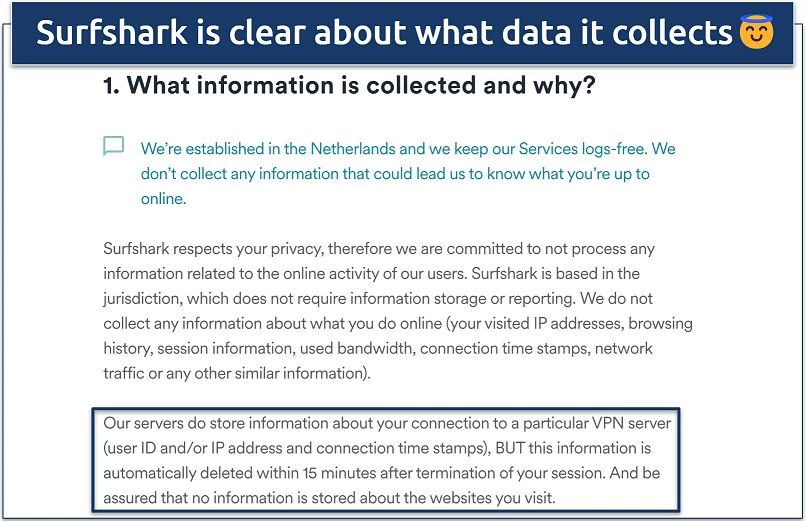 Screenshot of Surfshark's privacy policy
