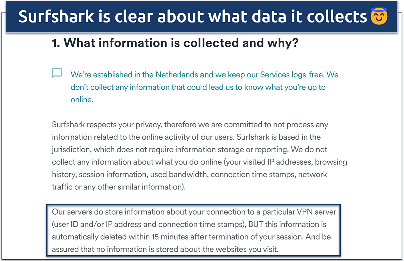 Screenshot of Surfshark's privacy policy