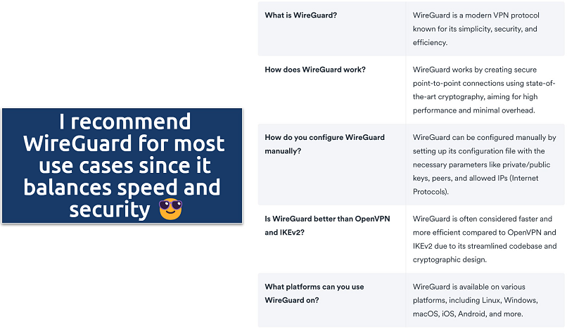Screenshot of a WireGuard table from the Surfshark website