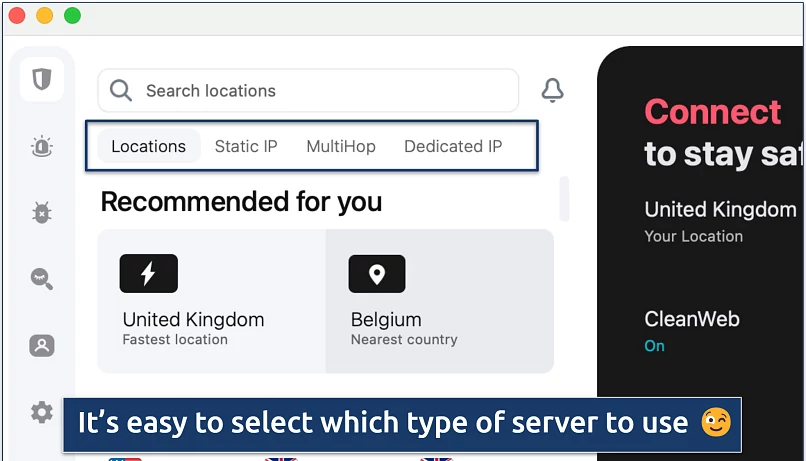 Screenshot of the server options on the Surfshark app
