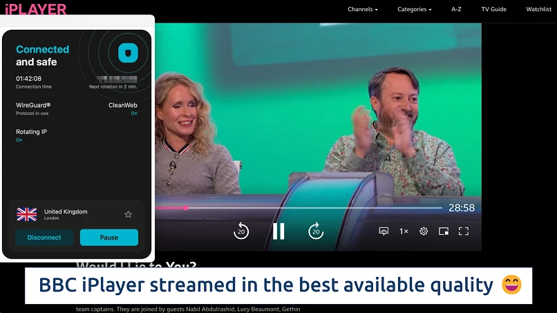 Screenshot showing the Surfshark app over a browser streaming BBC iPlayer