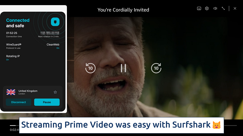 Screenshot showing the Surfshark app over a browser streaming a movie on Prime Video