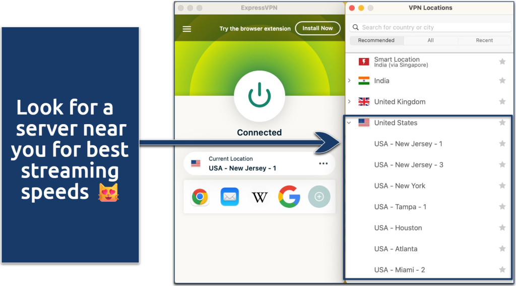 Screenshot of ExpressVPN's US server list