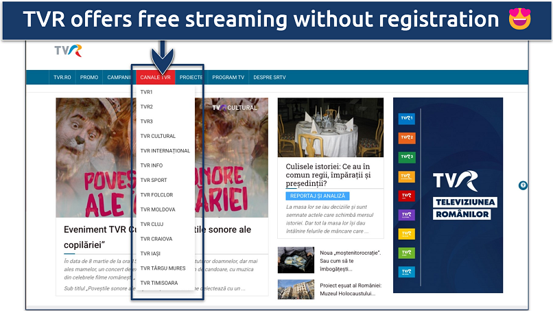 Screenshot of a Romanian TV streaming platform listing channels like TVR1, TVR2, and TVR Info