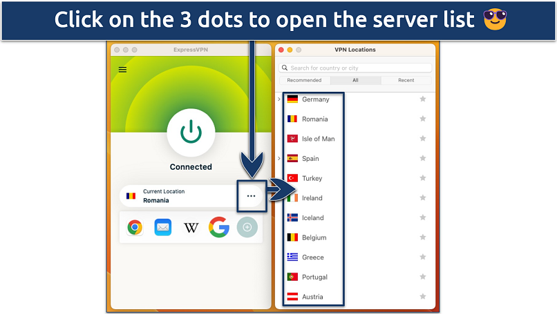 Screenshot of the ExpressVPN app showing available server locations