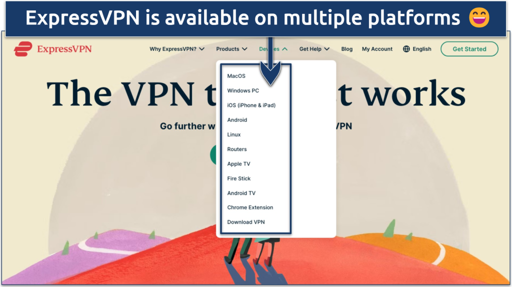 Screenshot of the ExpressVPN website showing supported platforms