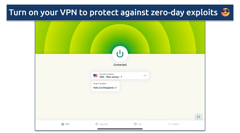 Screenshot of a VPN app connected to a New Jersey server