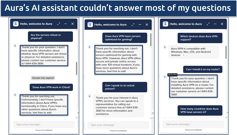 Screenshot showing my chats with Aura VPN's AI-powered virtual assistant