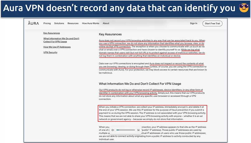 Screenshot showing Aura VPN's privacy and data logging policy