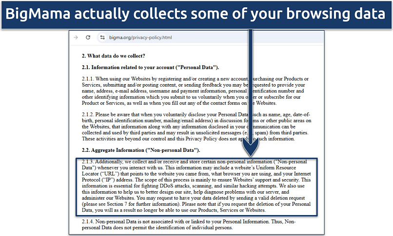 Screenshot showing a section of BigMama VPN's Privacy Policy