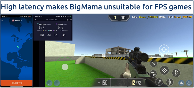 Screenshot showing an FPS game playing on Android with BigMama VPN connected to the Atlanta server