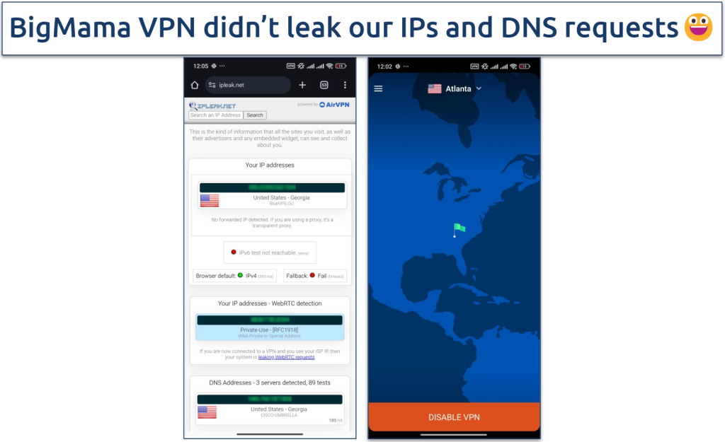 Screenshot showing IP, WebRTC, and DNS leak test results with a BigMama VPN connection
