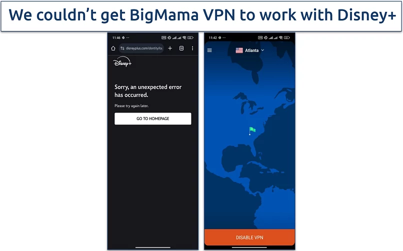 Screenshot showing a Disney+ error message with BigMama VPN connected to an Atlanta server