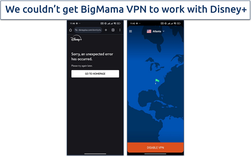 Screenshot showing a Disney+ error message with BigMama VPN connected to an Atlanta server