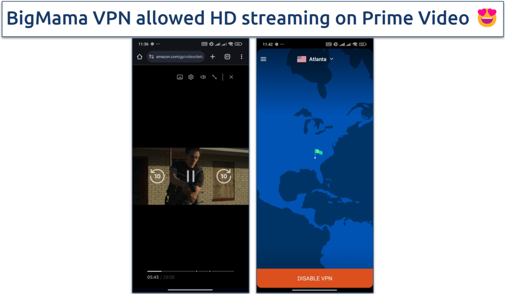 Screenshot showing a  movie playing on Amazon Prime Video on an Android device with BigMama VPN connected to an Atlanta server
