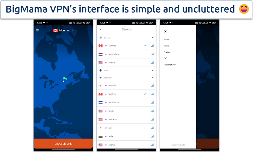 Screenshot showing all the available screens on BigMama VPN's Android app