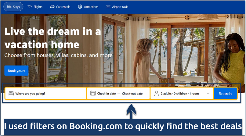 A screenshot of the Booking.com homepage with filter options for quickly finding a hotel, flight, or car
