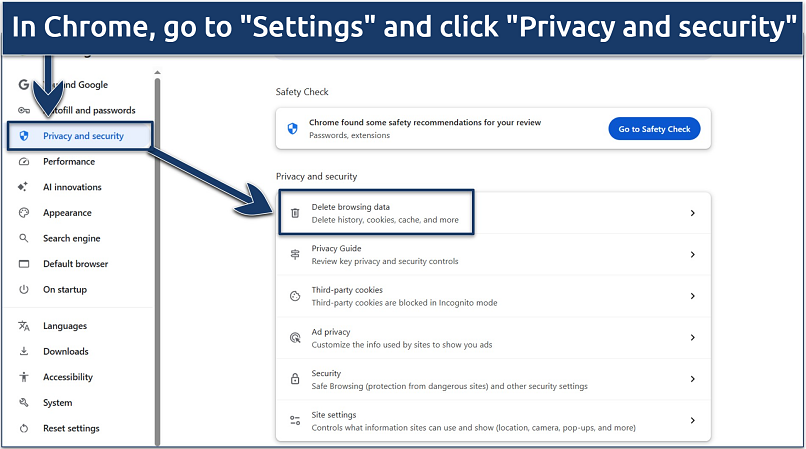 A screenshot showing how to clear history, cookies and cache in Chrome