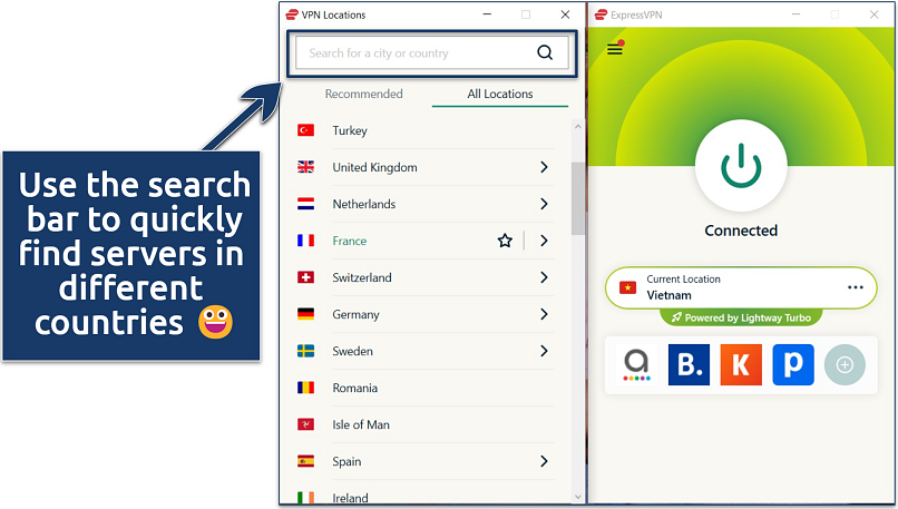 Image showing how to search for different servers on the ExpressVPN Windows app