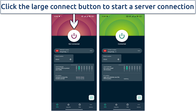 Screenshot showing how to connect to a server on the ExpressVPN Android app