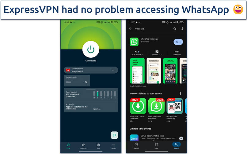 Screenshot showing how to stay connected to the VPN server while downloading WhatsApp from the Play Store in China