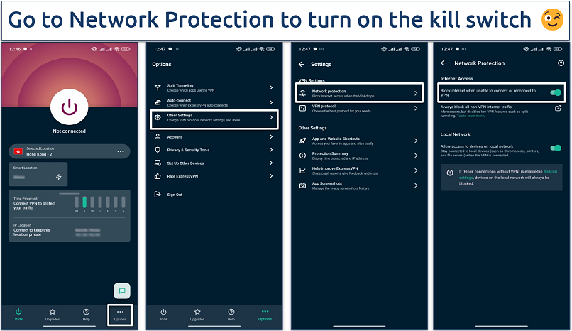 Screenshot showing how to turn on the kill switch on the ExpressVPN Android app
