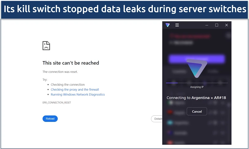 A screenshot showing Proton VPN's kill switch cuts the internet connection when switching servers